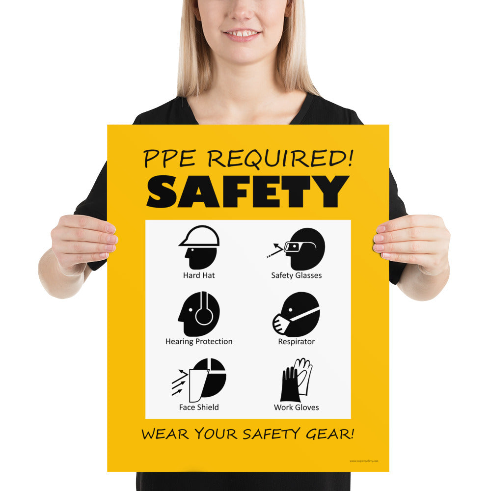 A safety poster that says "PPE Required! Safety, Wear Your Safety Gear!" with infographic icons on a bright yellow background.