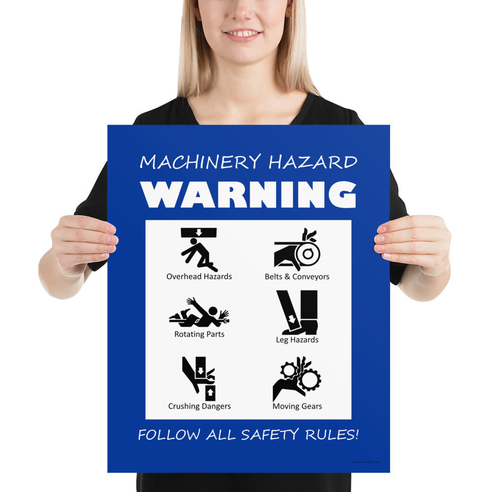 A blue machinery hazard warning sign with infographics of 6 various possible injuries.