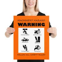 An orange machinery hazard warning sign with infographics of 6 various possible injuries.