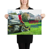 A workplace safety poster showing a man mowing a lawn on a sitting mower with the words quality, safety, pride in white, red, and blue, respectively.