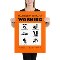 An orange machinery hazard warning sign with infographics of 6 various possible injuries.