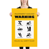 A yellow machinery hazard warning sign with infographics of 6 various possible injuries.