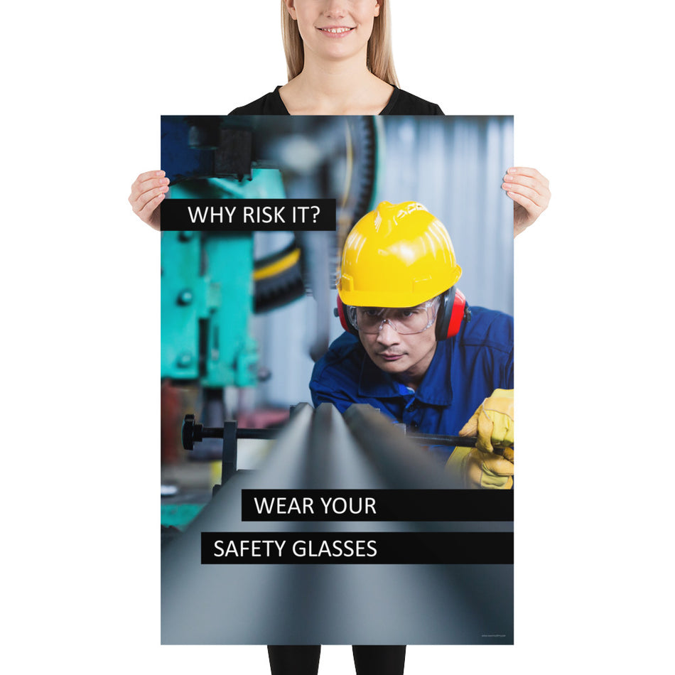 A safety poster showing a worker in a hard hat, ear muffs, safety glasses, and gloves with the slogan "Why Risk It? Wear Your Safety Glasses."