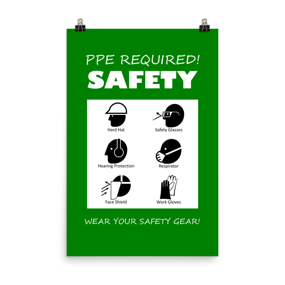 A safety poster that says "PPE Required! Safety, Wear Your Safety Gear!" with infographic icons on a green background.