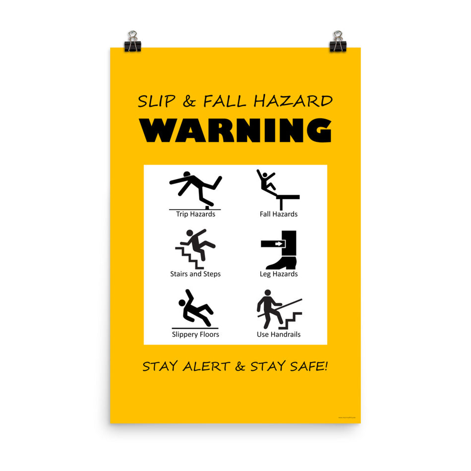 A yellow poster with bold black text that says "slip and fall hazard warning, stay alert and stay safe" with 6 diagrams of people being slipping, tripping, and falling in various ways.