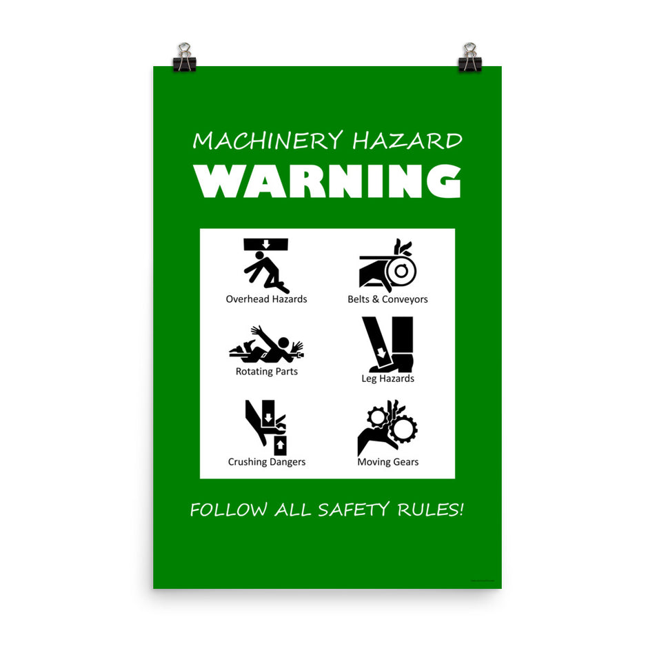 A green machinery hazard warning sign with infographics of 6 various possible injuries.