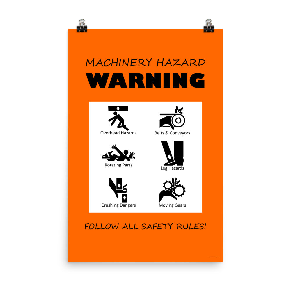 An orange machinery hazard warning sign with infographics of 6 various possible injuries.