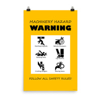 A yellow machinery hazard warning sign with infographics of 6 various possible injuries.