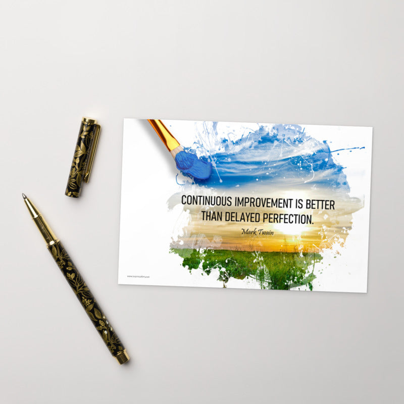 A mini print featuring a paintbrush sloppily painting a landscape with a quote by Mark Twain that says "Continuous improvement is better than delayed perfection."