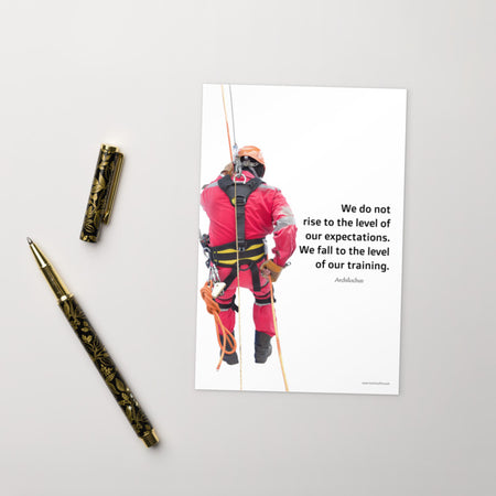A safety print showing a worker performing a controlled descent while wearing a fall protection harness on a bright white background with a quote from Archilochus to the right.
