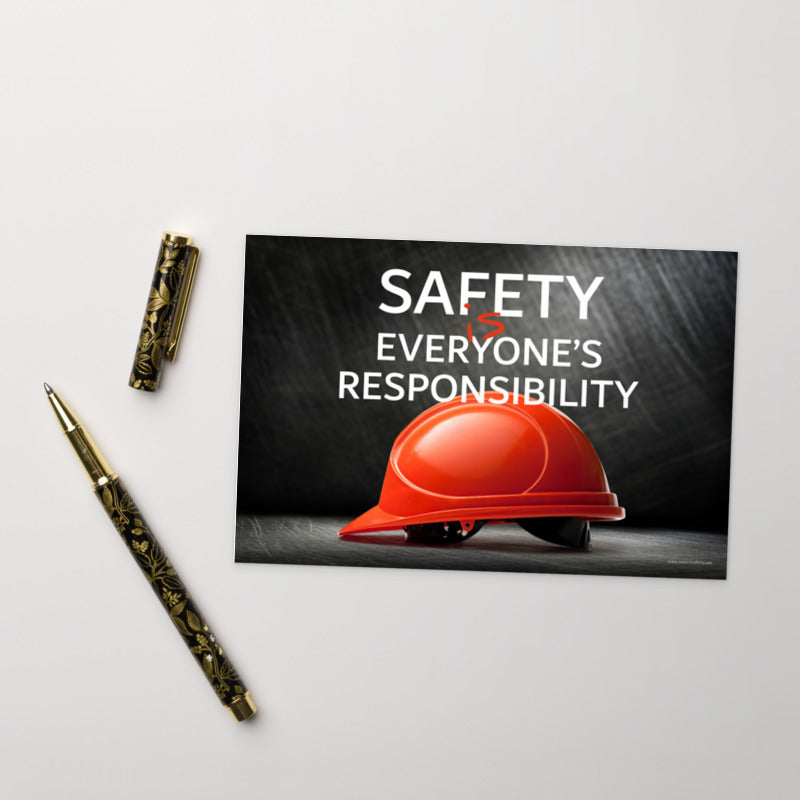 A safety mini print showing a red hard hat in front of a grey, industrial-looking background with the slogan safety is everyone's responsibility.