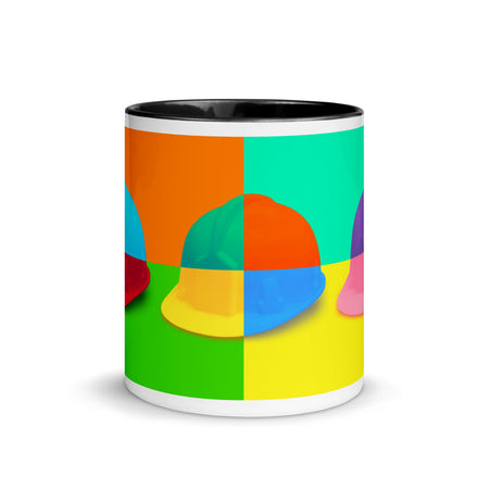 White ceramic mug with a bold hard hat pop art print with black color on the inside, the rim, and the handle.