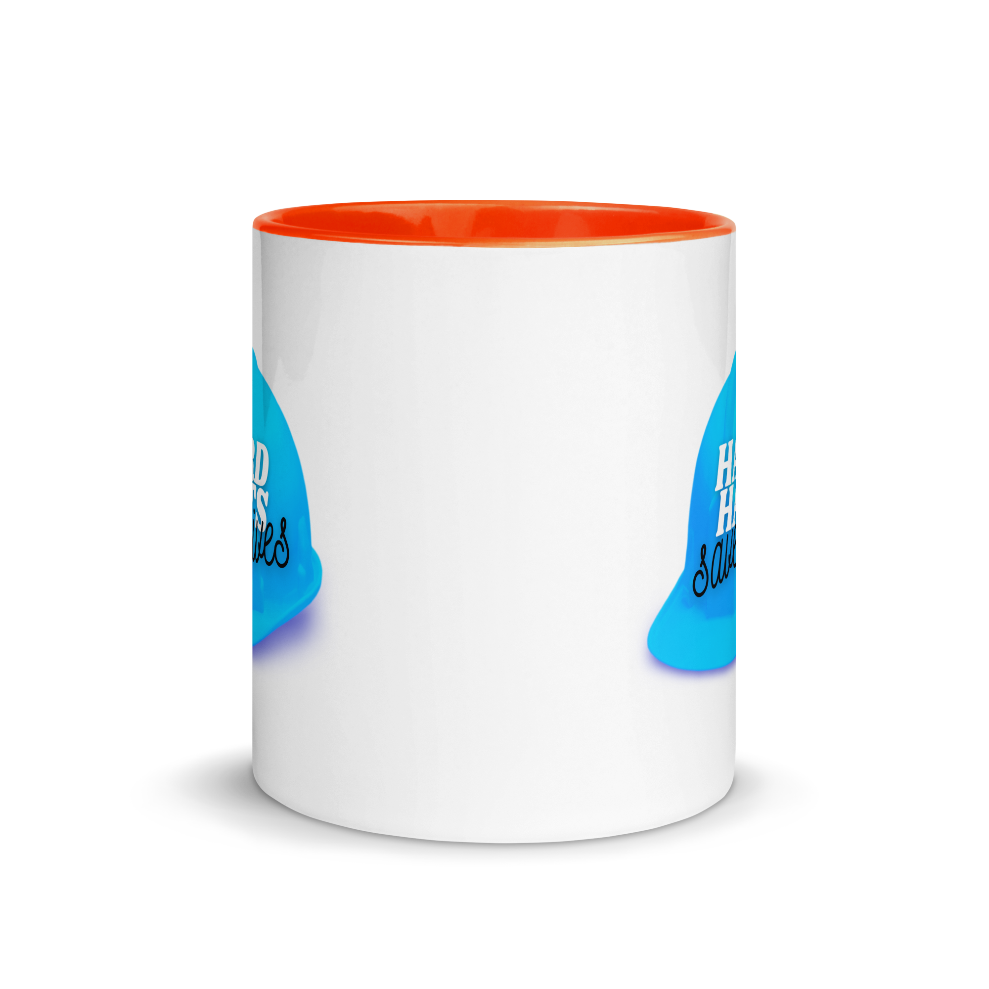 White ceramic mug with a blue hard hat with text that says "Hard hats save lives" with an orange rim, inside, and handle.