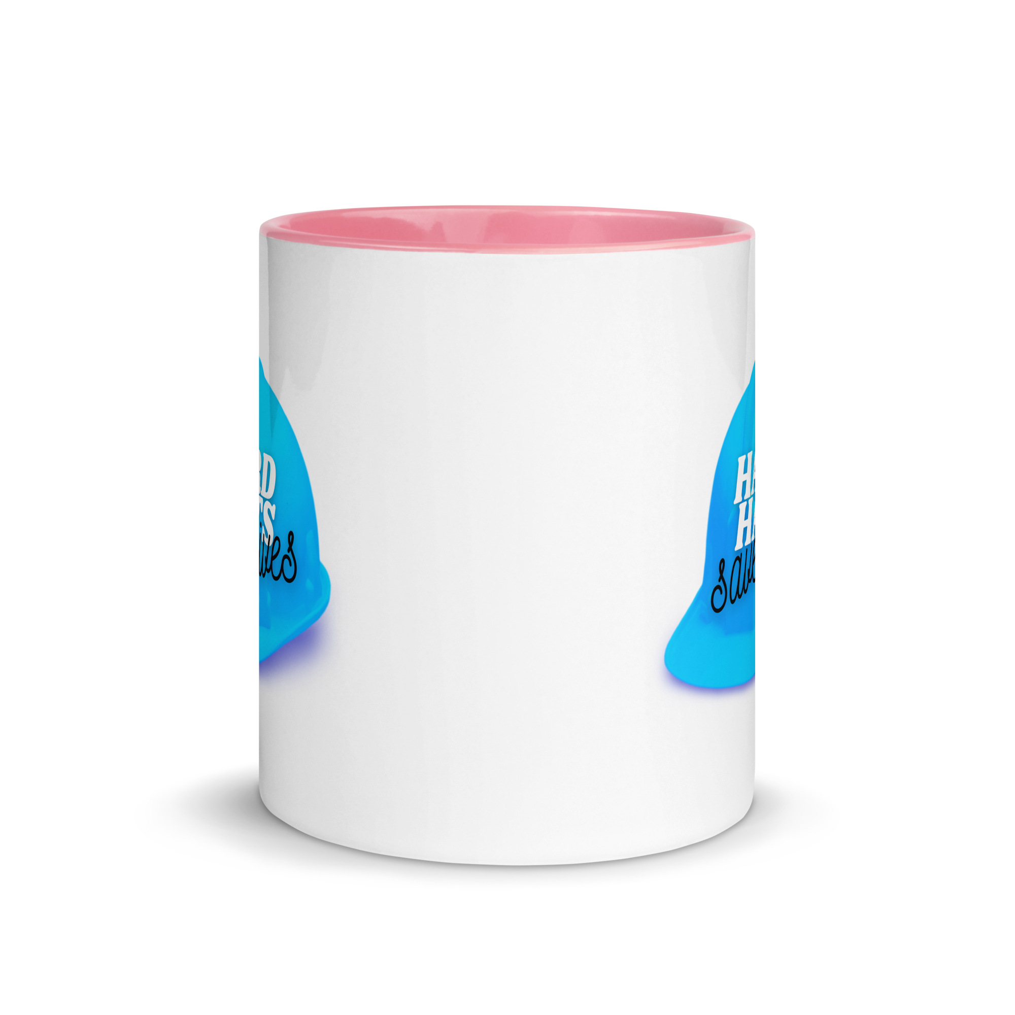 White ceramic mug with a blue hard hat with text that says "Hard hats save lives" with a pink rim, inside, and handle.